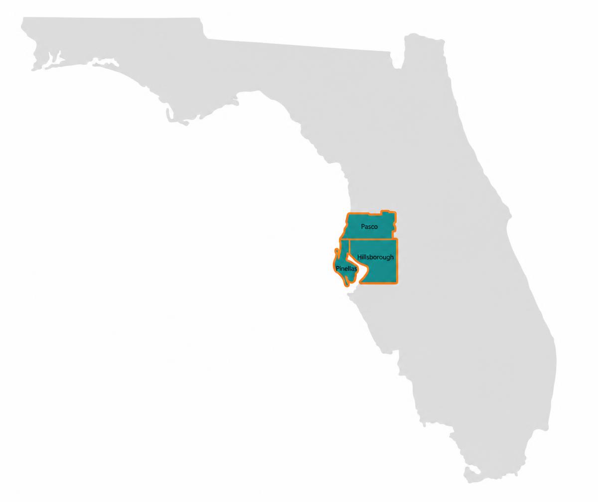 Map of Florida highlighting Pinellas, Hillsborough and Pasco counties, the areas Insulation Genie serves